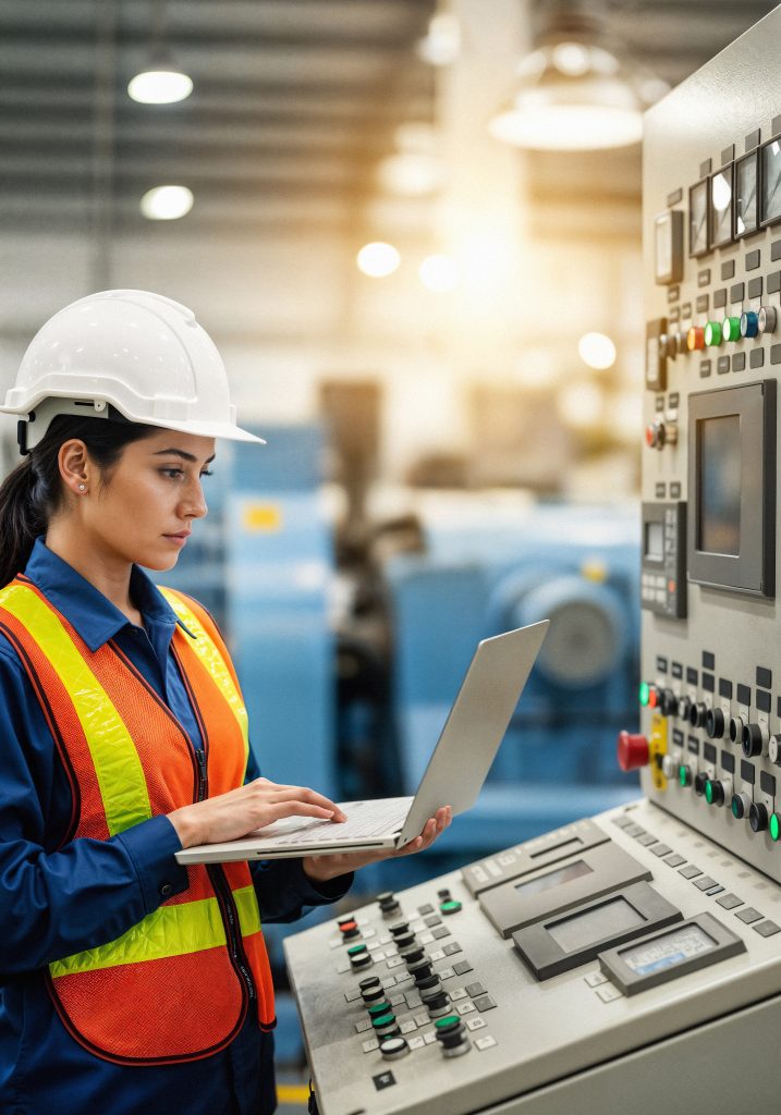 female engineer control panel industrial setting